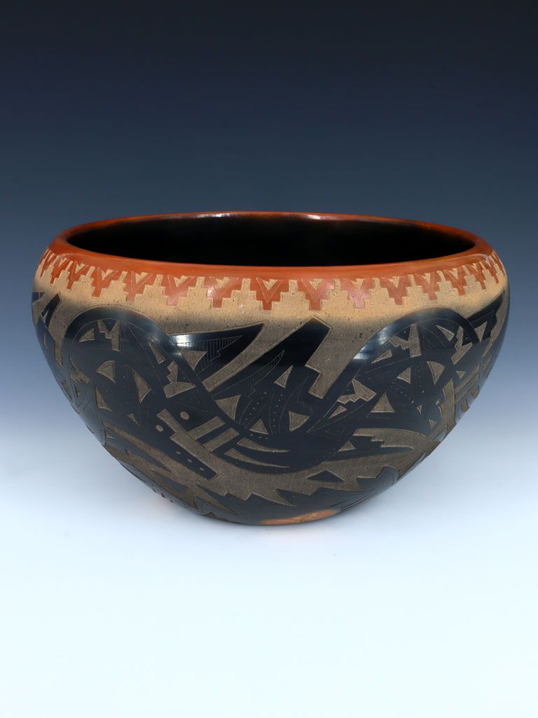 Santa Clara Pueblo Avanyu Hand Coiled Black Pottery Bowl - PuebloDirect.com