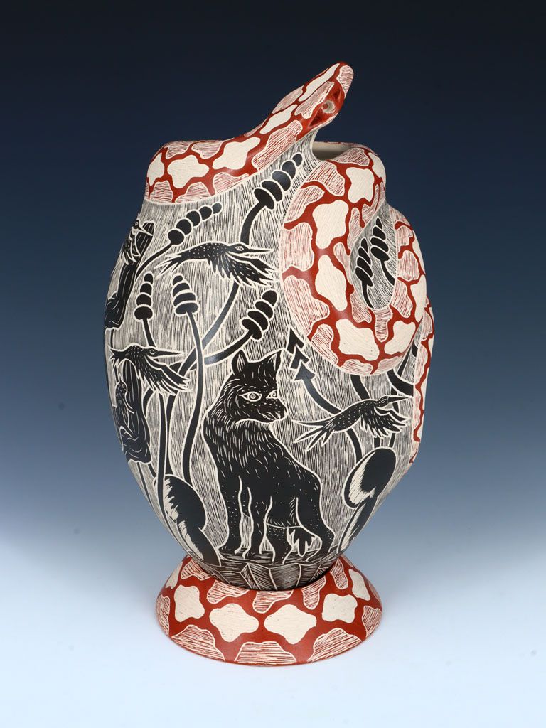Large Mata Ortiz Hand Coiled Snake Effigy Pottery with Matching Stand - PuebloDirect.com