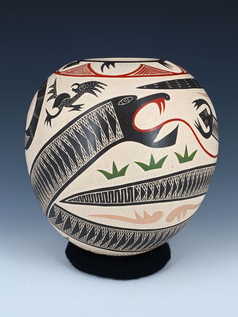 Mata Ortiz Hand Coiled Snake and Roadrunner Pottery - PuebloDirect.com