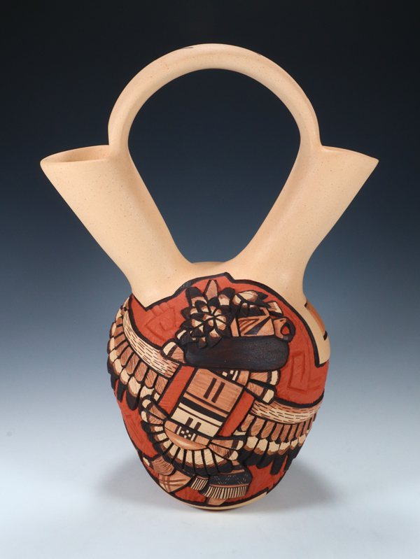 Hopi Hand Coiled Carved Eagle Dancer Pottery Wedding Vase - PuebloDirect.com