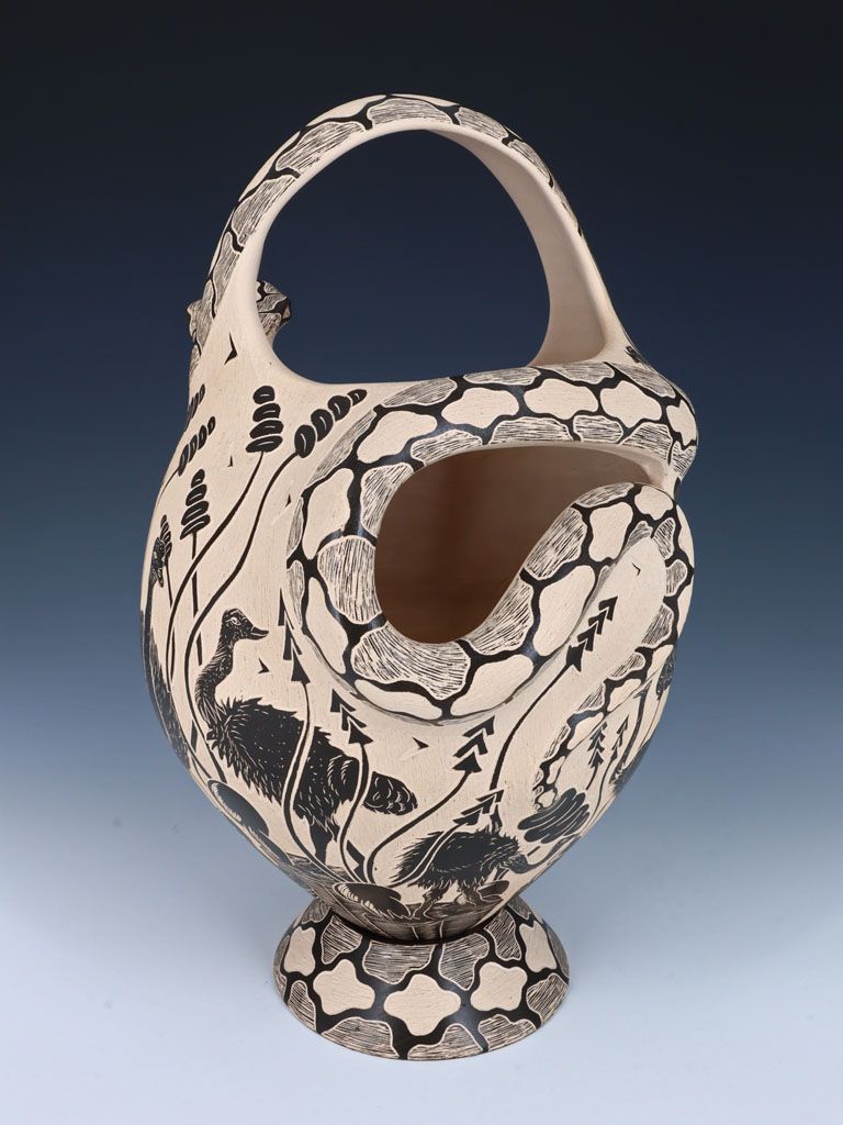 Mata Ortiz Hand Coiled Snake Effigy Pottery with Matching Stand - PuebloDirect.com