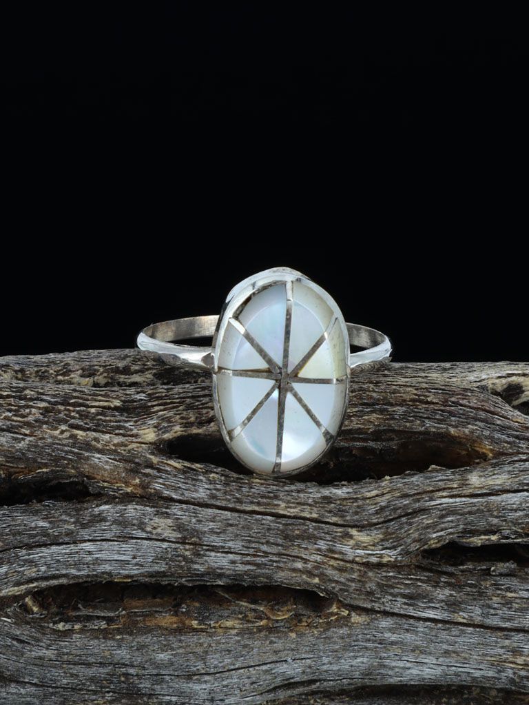 Native American Sterling Silver Mother of Pearl Zuni Inlay Ring, Size 6 1/2 - PuebloDirect.com