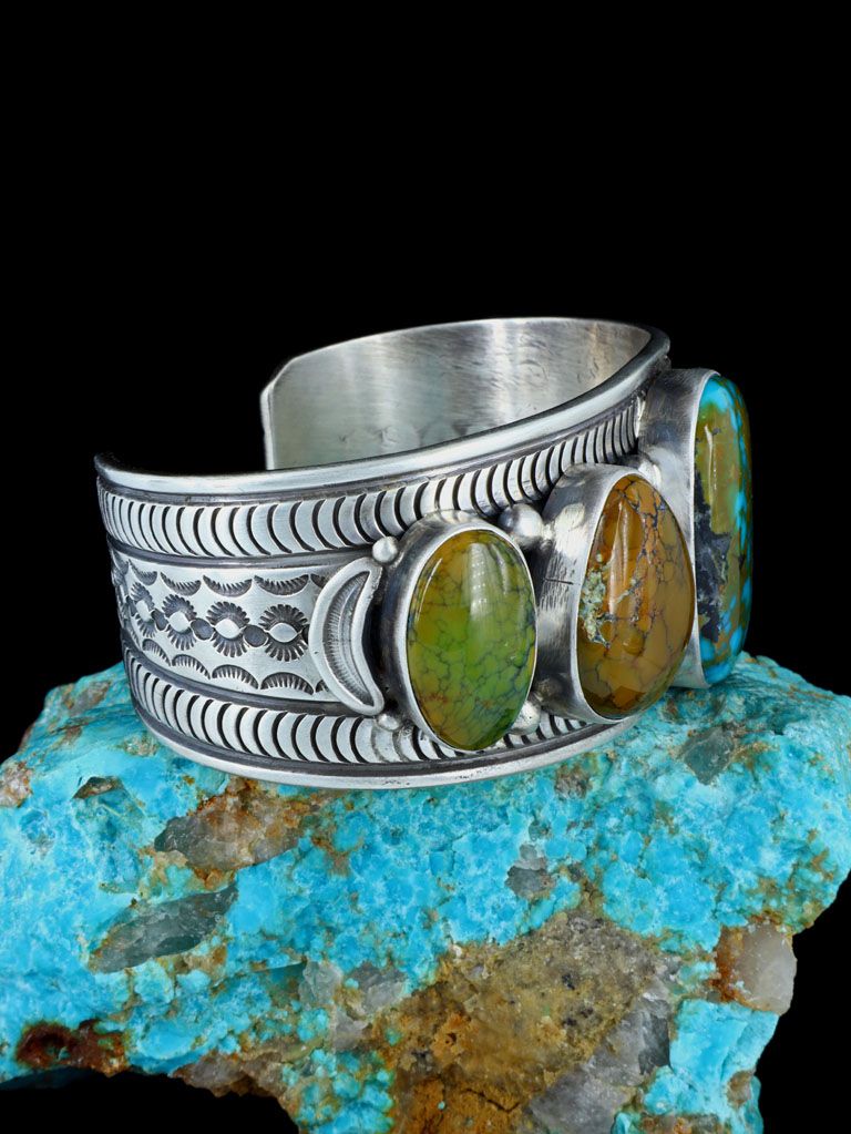 Native American Blue Moon Turquoise Stamped Cuff Bracelet - PuebloDirect.com