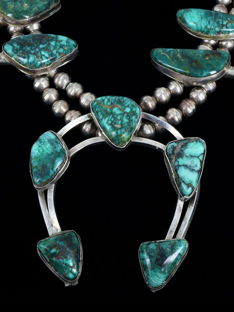 Vintage Native American Sterling Silver Variscite Squash Blossom Necklace - PuebloDirect.com