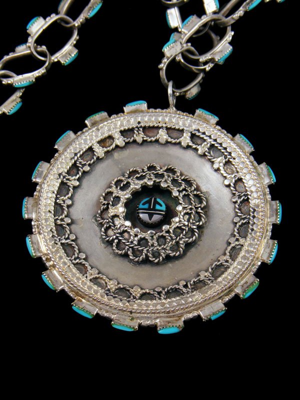 Estate Native Jewelry Sterling Silver Turquoise Reversible Pendant - PuebloDirect.com
