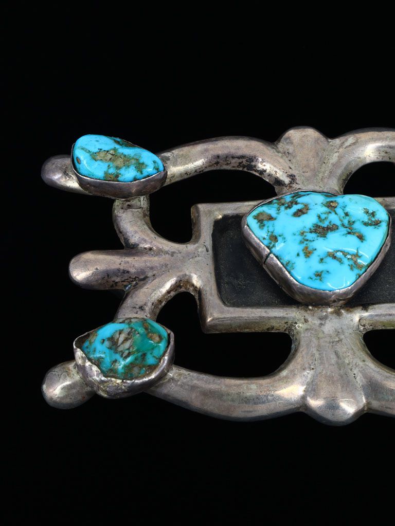 Heavy Sterling Silver Native American Vintage Turquoise Belt Buckle - PuebloDirect.com