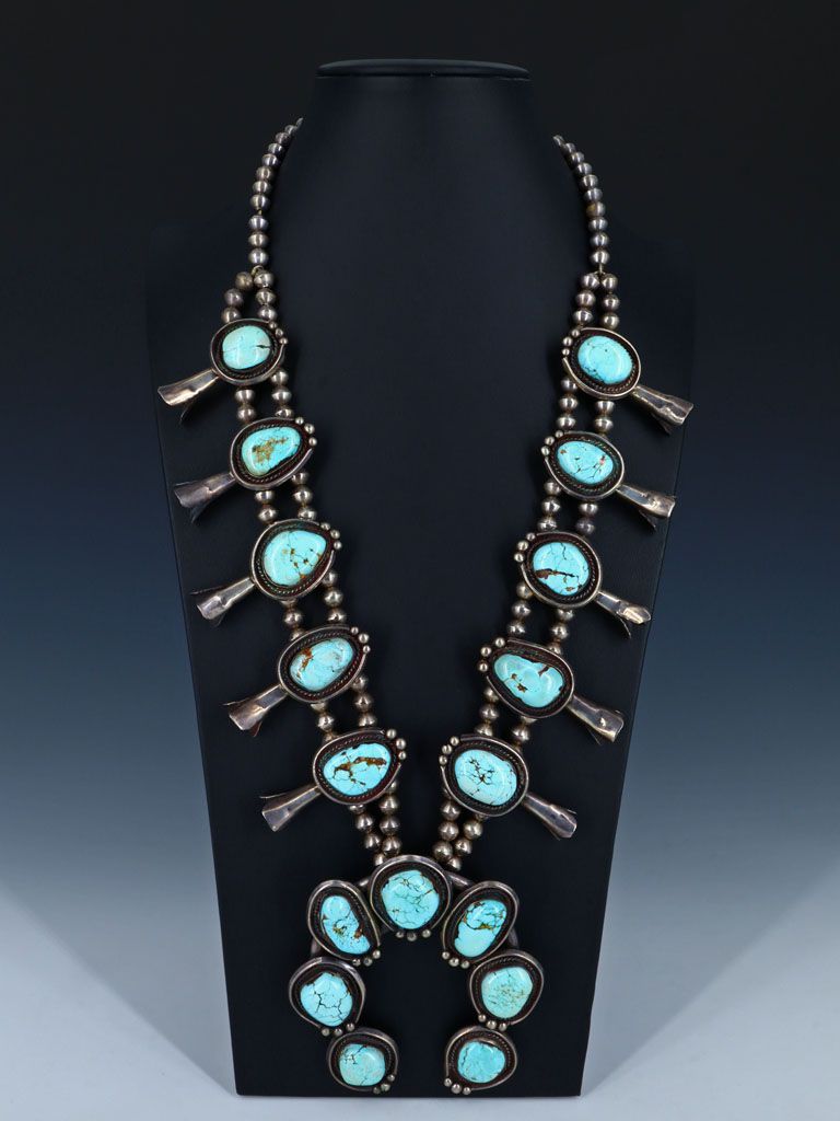 Large Vintage Navajo Battle Mountain Turquise Sterling Silver Squash Blossom Necklace - PuebloDirect.com