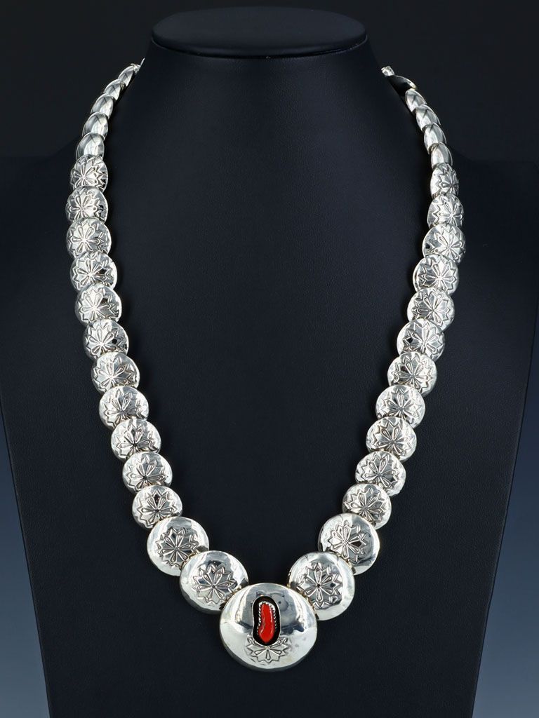 Navajo Coral Accented Stamped Sterling Silver Graduated Disk Necklace Set - PuebloDirect.com