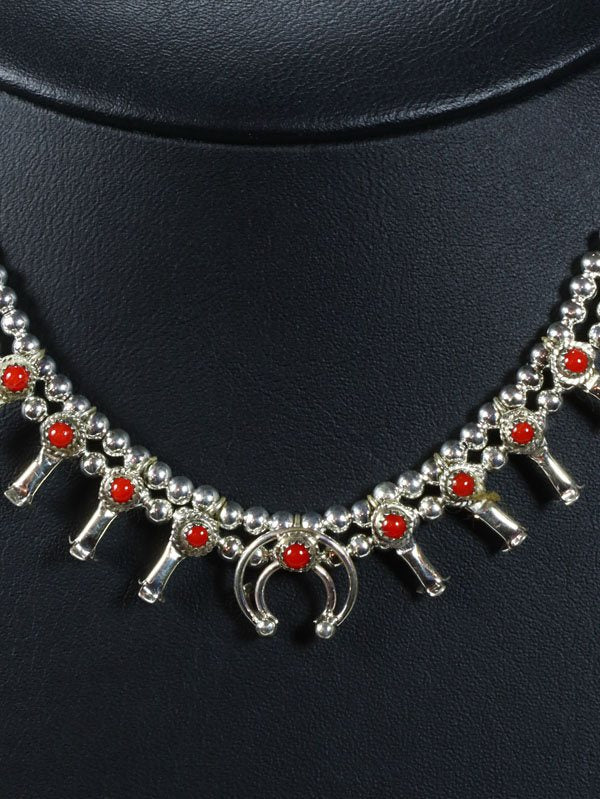 Native American Jewelry Coral Squash Blossom Choker Necklace - PuebloDirect.com