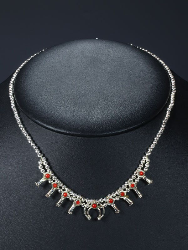 Native American Jewelry Coral Squash Blossom Choker Necklace - PuebloDirect.com