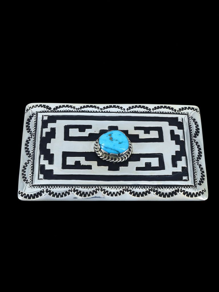 Native American Hand Crafted Sterling Silver Overlay and Turquoise Buckle - PuebloDirect.com