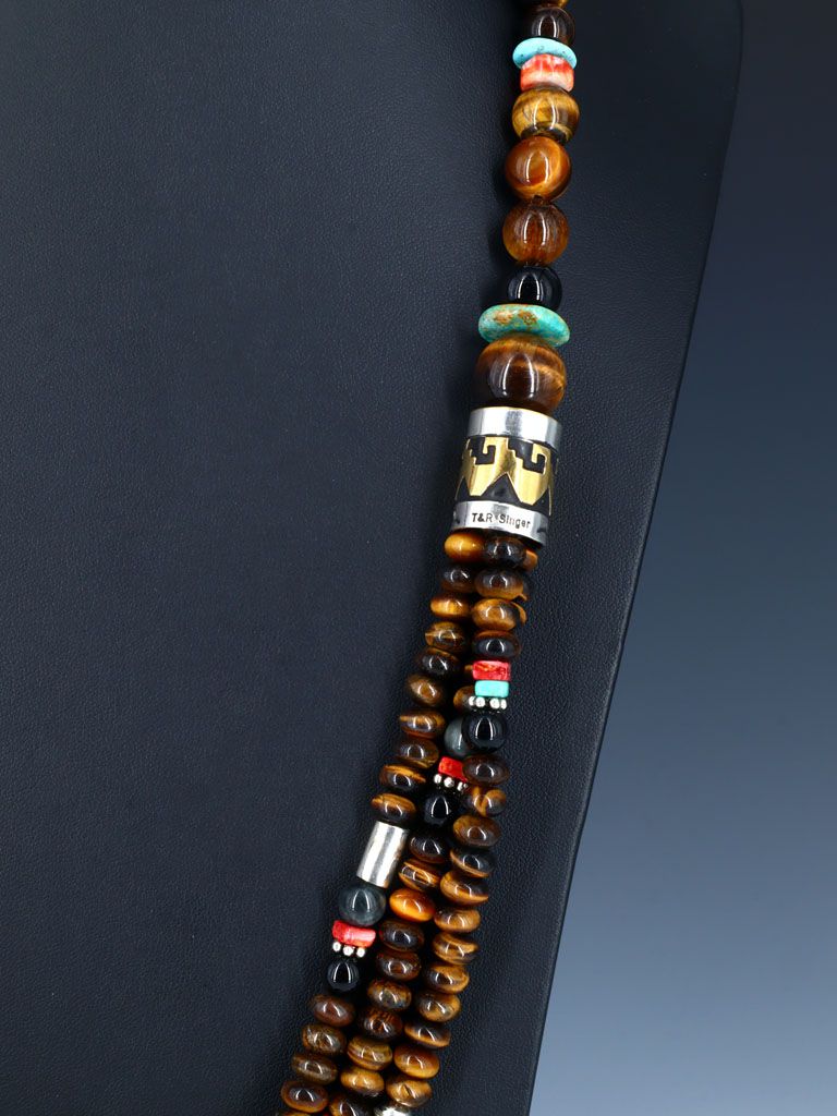 30" Navajo Tiger Eye and Turquoise Multi Strand Beaded Necklace - PuebloDirect.com