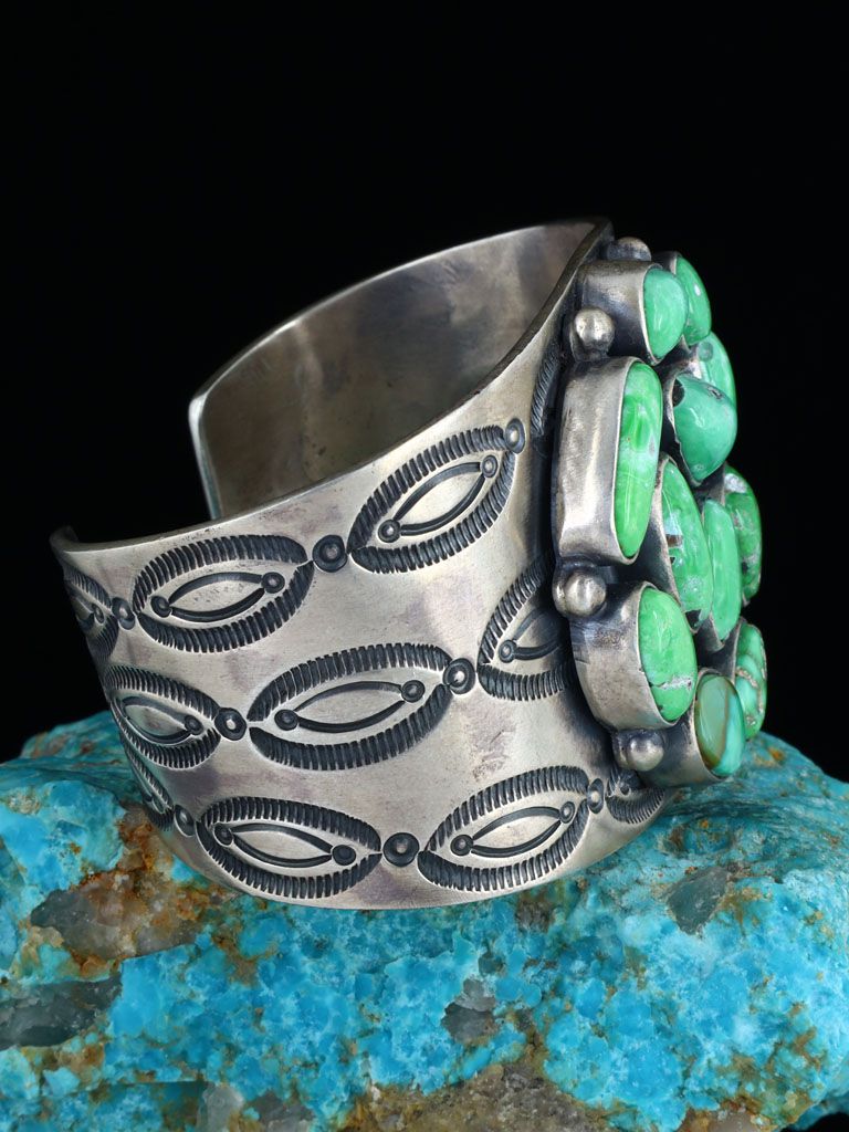 Native American Jewelry Sterling Silver Carico Turquoise Cluster Bracelet - PuebloDirect.com