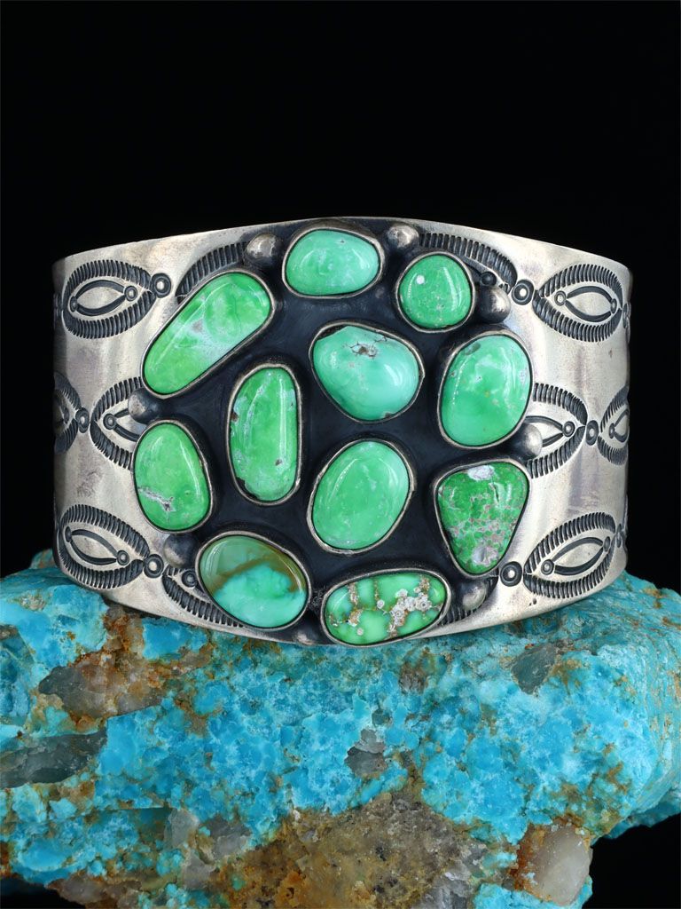 Native American Jewelry Sterling Silver Carico Turquoise Cluster Bracelet - PuebloDirect.com
