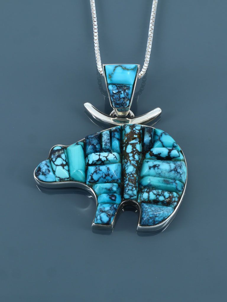 Native American Sterling Silver Cloud Mountain Turquoise Cobblestone Inlay Bear Pendant - PuebloDirect.com