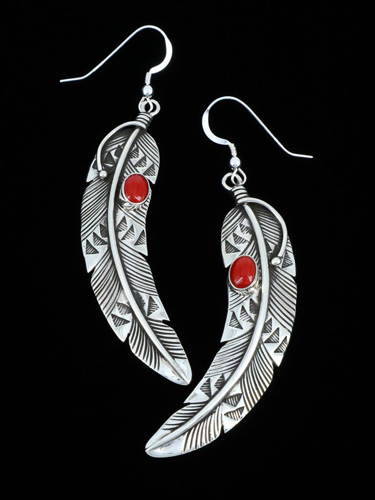 Native American Sterling Silver Coral Dangle Feather Earrings - PuebloDirect.com