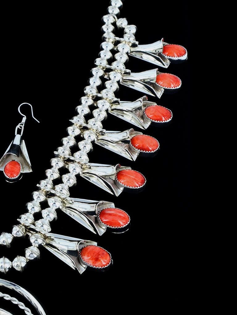 Navajo Spiny Oyster Sterling Silver Squash Blossom Necklace - PuebloDirect.com