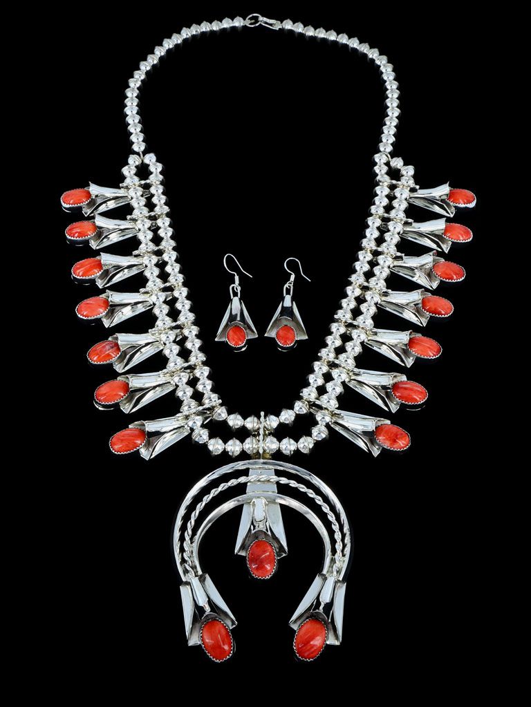 Navajo Spiny Oyster Sterling Silver Squash Blossom Necklace - PuebloDirect.com