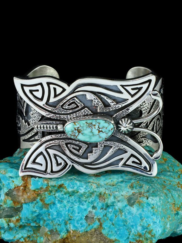 Navajo Dry Creek Turquoise Butterfly Sterling Silver Cuff Bracelet - PuebloDirect.com
