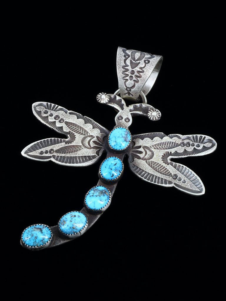 Native American Jewelry Sterling Silver Turquoise Dragonfly Pendant - PuebloDirect.com