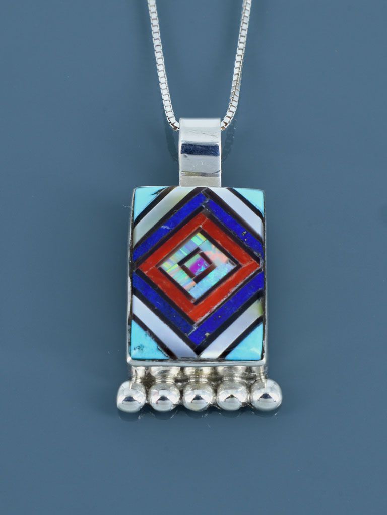 Native American Zuni Inlay Turquoise and Coral Pendant - PuebloDirect.com