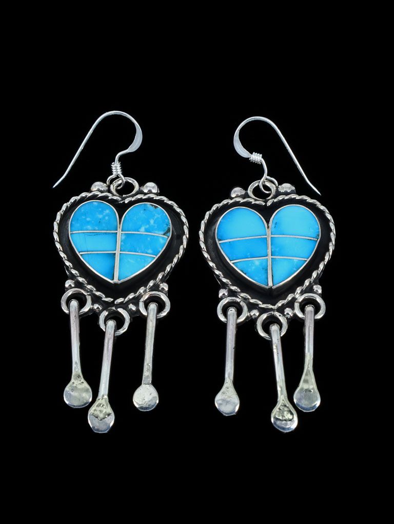 Turquoise Shadowbox Zuni Inlay Heart Dangle Earrings - PuebloDirect.com