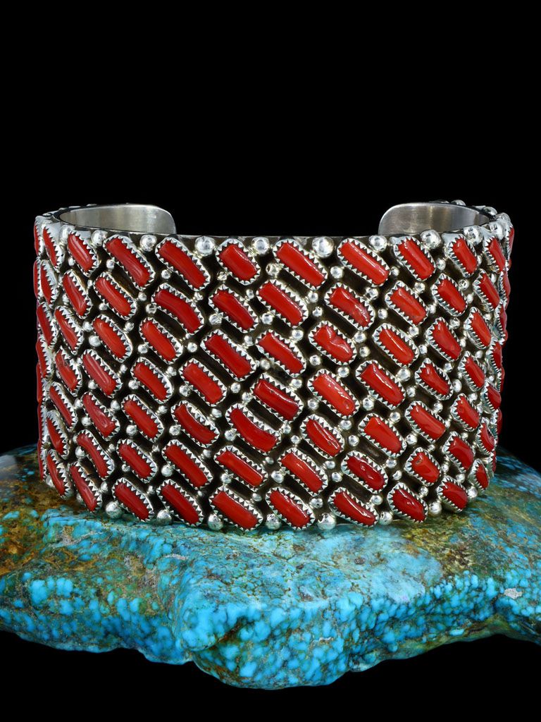 Navajo Natural Coral Cluster Sterling Silver Cuff Bracelet - PuebloDirect.com