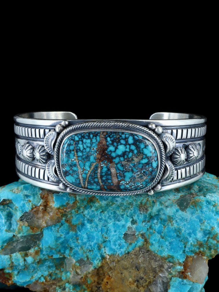 Native American Sterling Silver Cloud Mountain Turquoise Stamped Cuff Bracelet - PuebloDirect.com