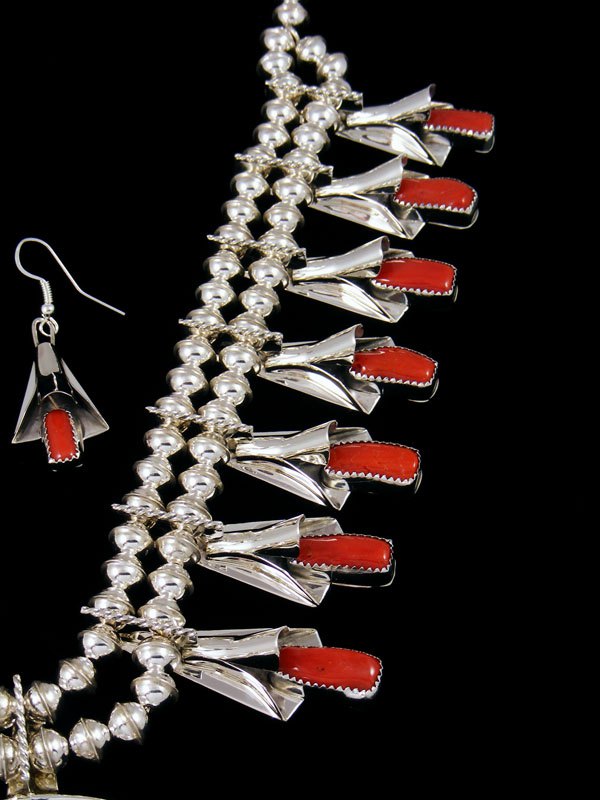 Navajo Red Coral Sterling Silver Squash Blossom Necklace Set - PuebloDirect.com