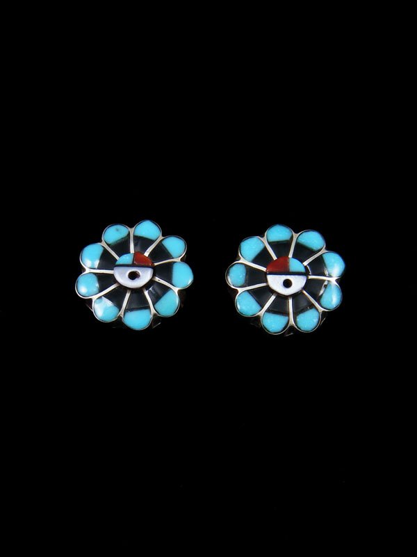 Zuni Inlay Sunface Turquoise Post Earrings - PuebloDirect.com