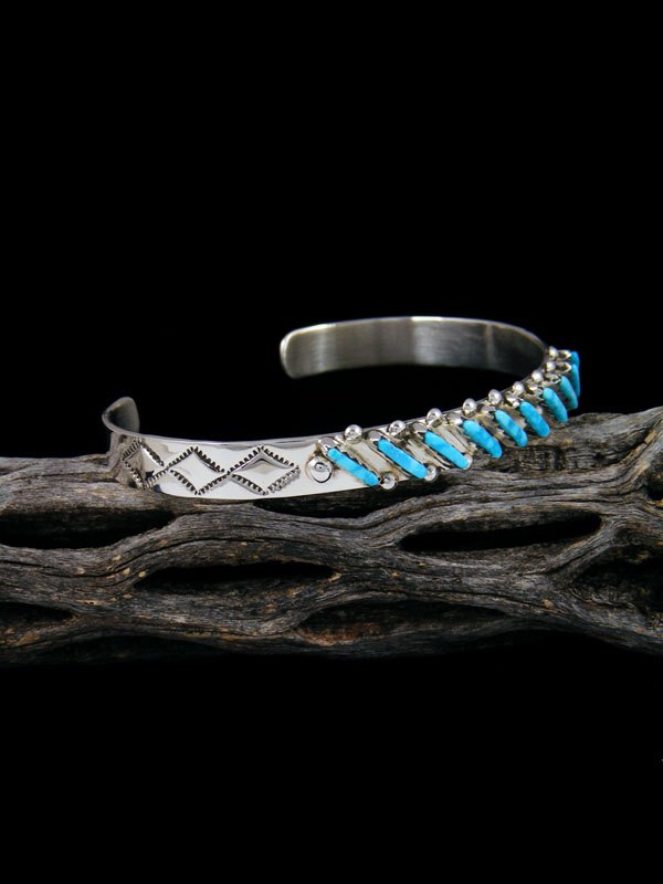 Sterling Silver Turquoise Zuni Petit Point Row Bracelet - PuebloDirect.com