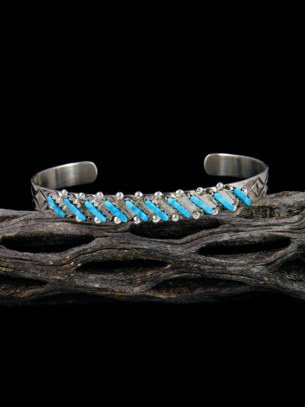 Sterling Silver Turquoise Zuni Petit Point Row Bracelet - PuebloDirect.com