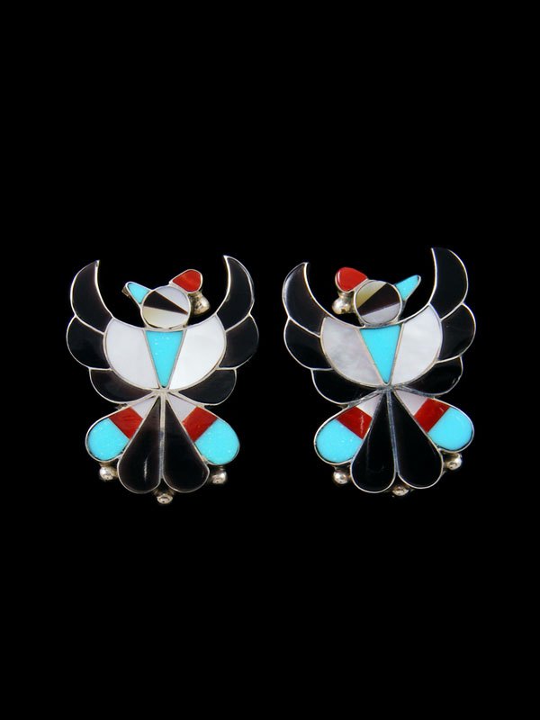 Zuni Turquoise Inlay Post Thunderbird Earrings - PuebloDirect.com