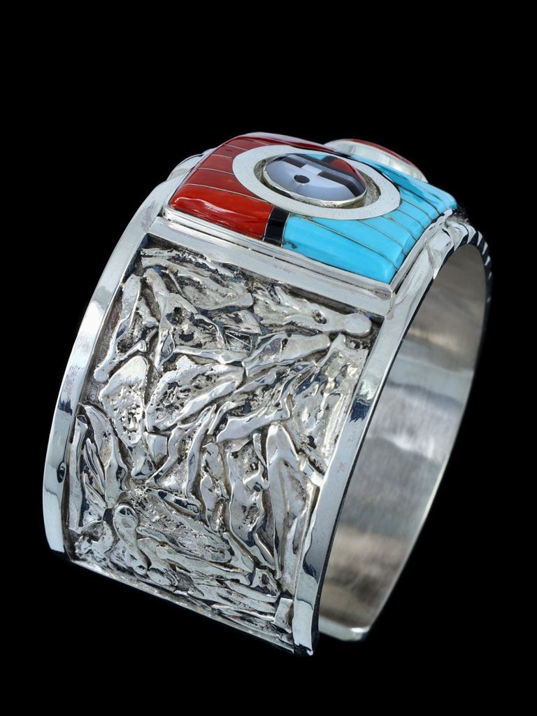 Sterling Silver Zuni Turquoise and Coral Inlay Sunface Bracelet - PuebloDirect.com